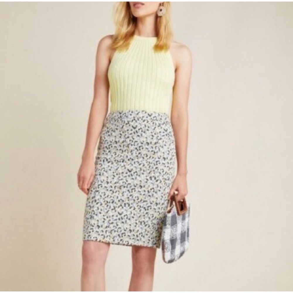 Maeve Anthropologie skirt XL white blue gold leopard knee cotton blend pencil‎